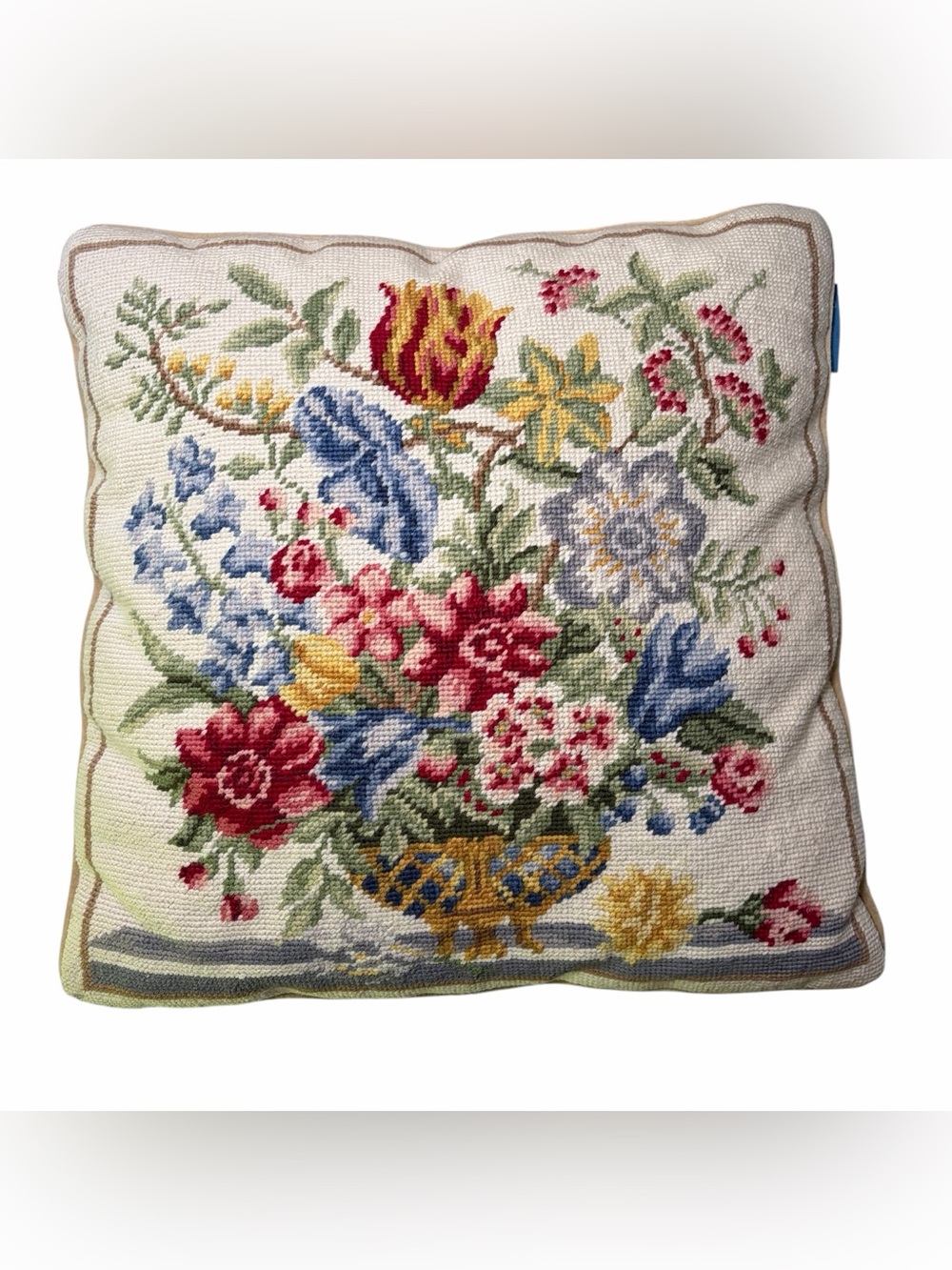 Vintage Colonial Williamsburg Needlepoint Pillow 16x16 Floral Urn Botanical 1